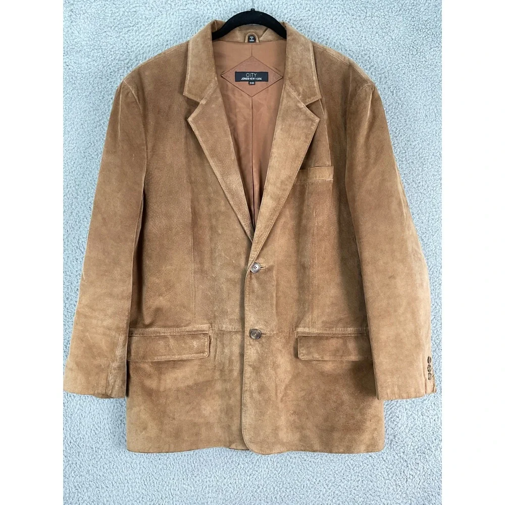 City Jones New York Blazer Mens 44R Tan Brown Good Genuine Leather Suede Jacket